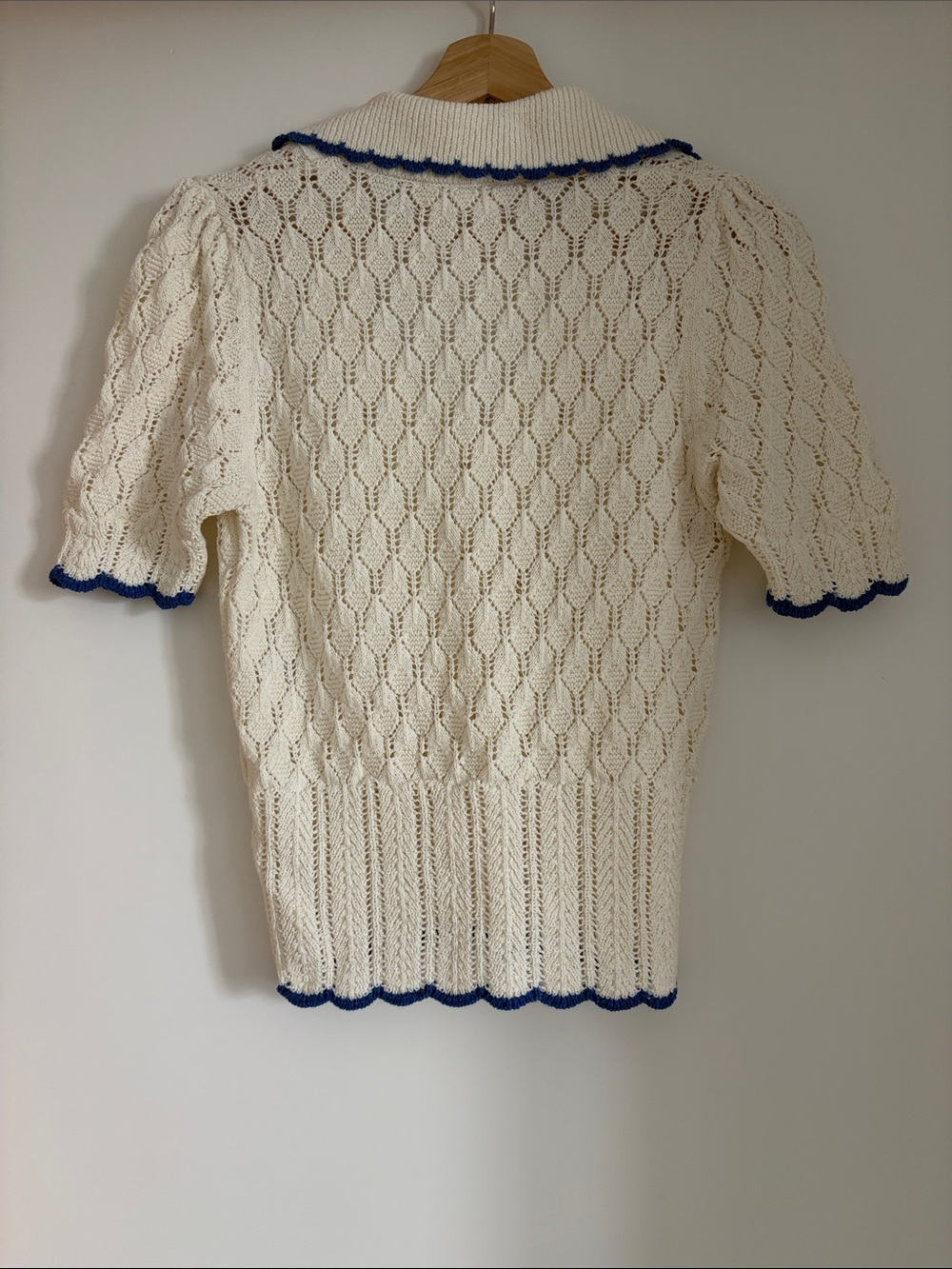 Cream V-Neck Knit Sweater with Blue Trim - Picture 2 of 4